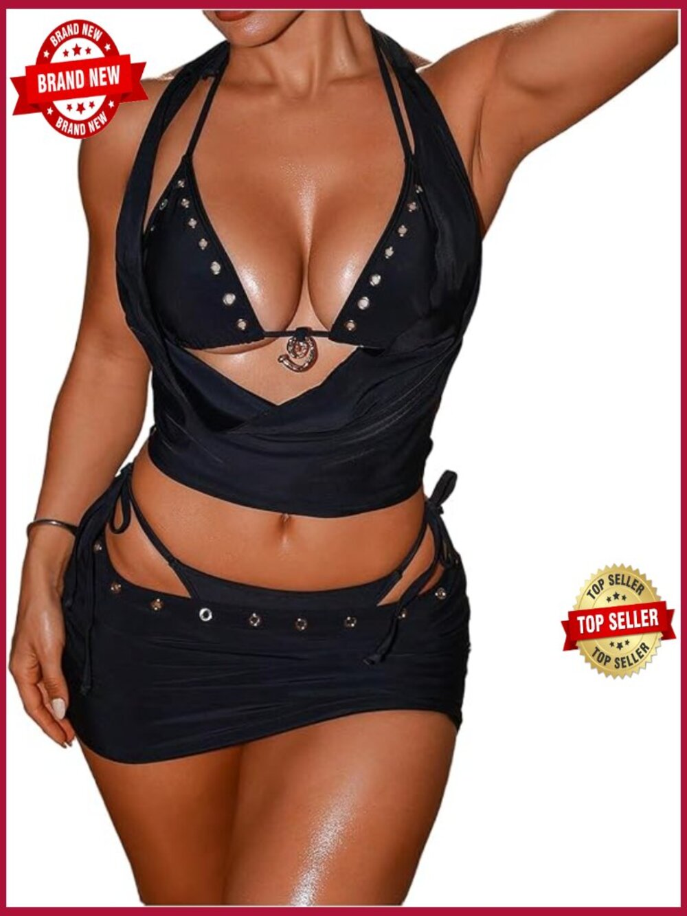 4-Piece Halter Triangle Bikini Set with Cover Up Skirt